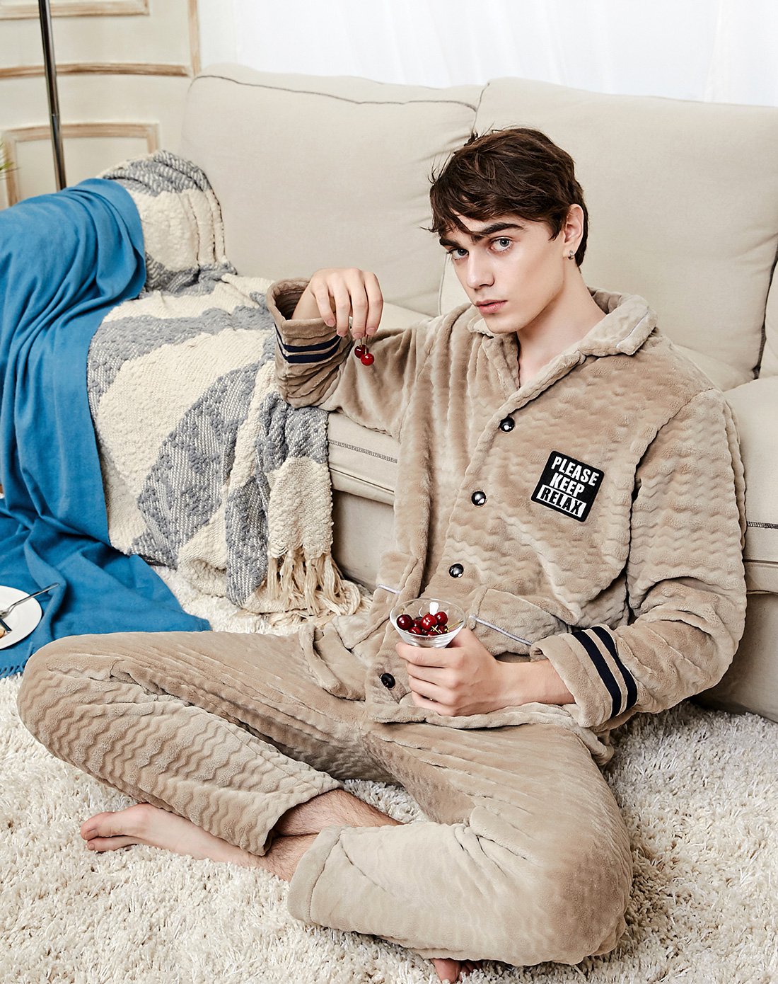 芬腾睡衣男冬季大方男士睡衣开衫玉兔绒家居服男款长袖睡衣套装