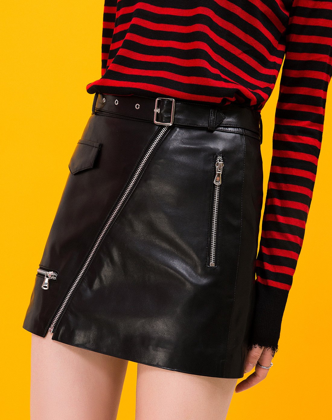 帅气机车风小皮裙拉链装饰中高腰a字裙