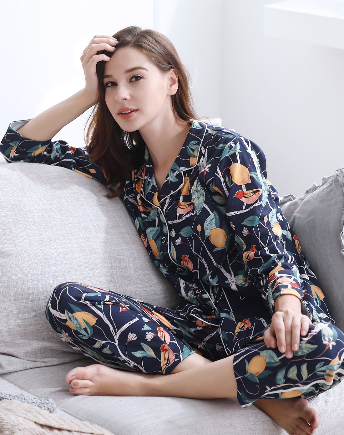 芬腾睡衣秋冬女士翻领家居服森女系时尚可外穿纯棉睡衣开襟系扣长袖