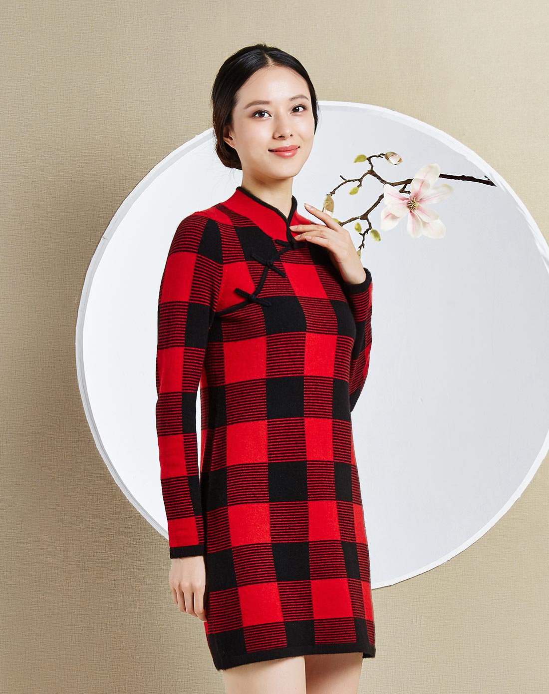 100%羊绒女款优雅旗袍领提花长裙羊绒连衣裙