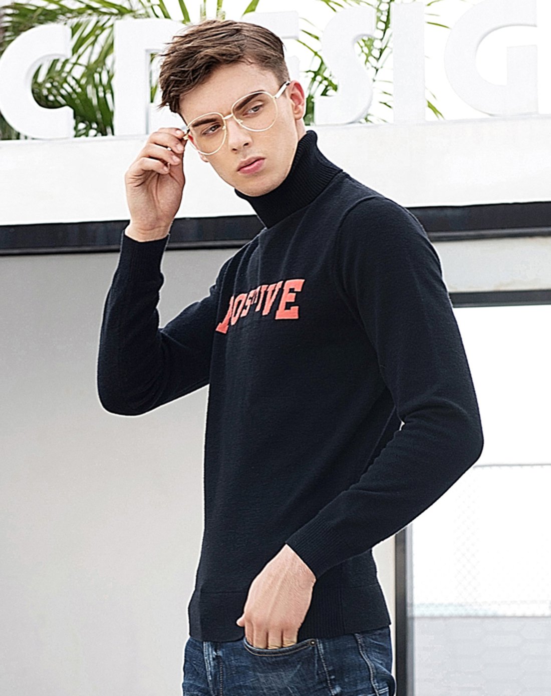 卡宾cabbeen男装专场 字母套头高领长袖男士针织衫