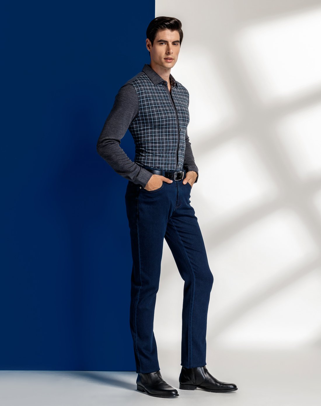 爵士丹尼男装特卖旗舰店(旧)全羊毛休闲格纹拼接针织衫f030542580