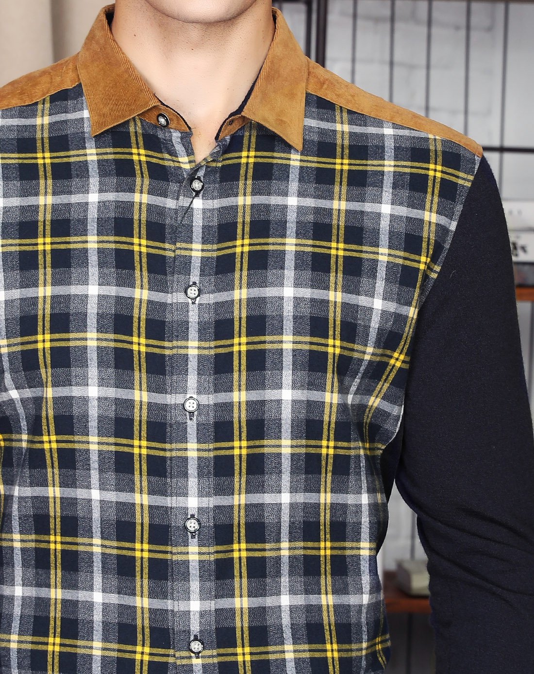 羊毛棉大格子拼条绒肩领男款长袖休闲衬衫