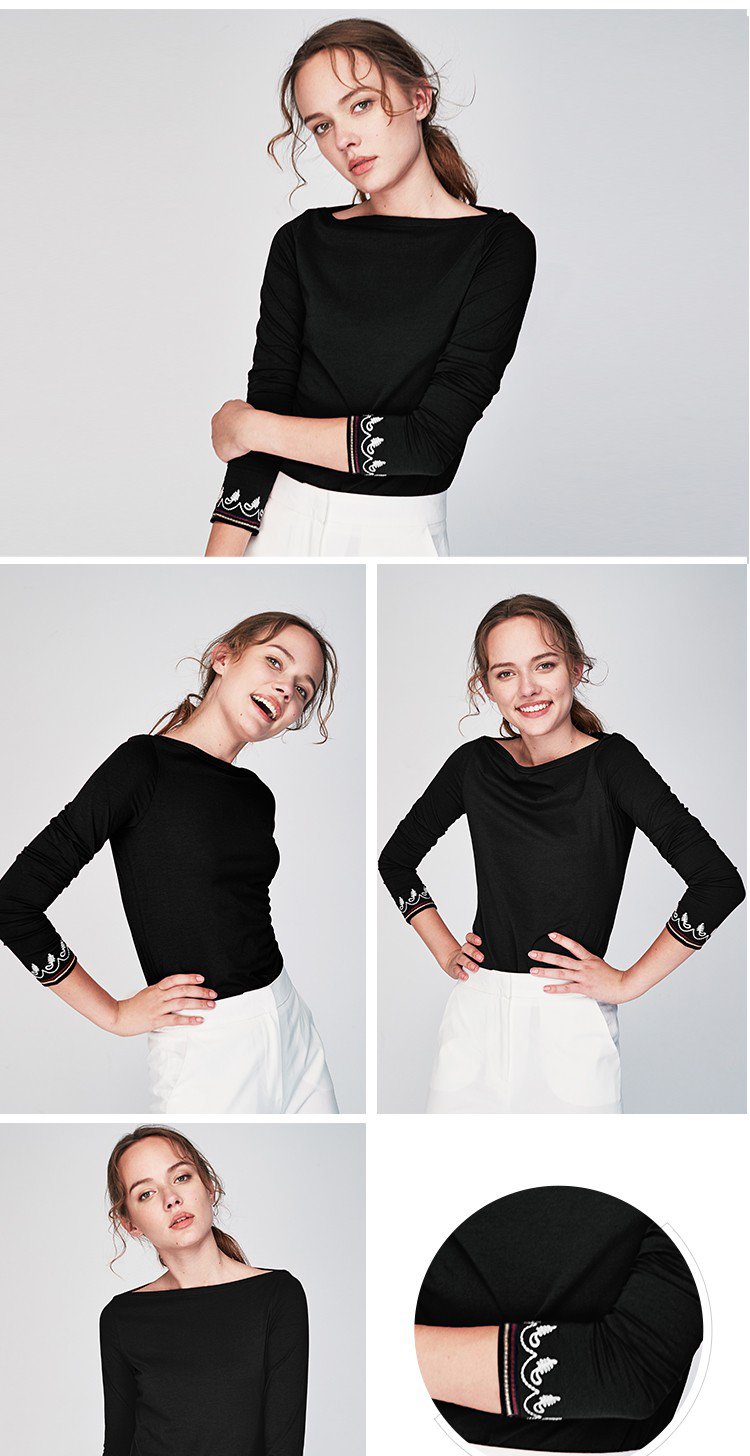 黑色一字领刺绣长袖合体t恤