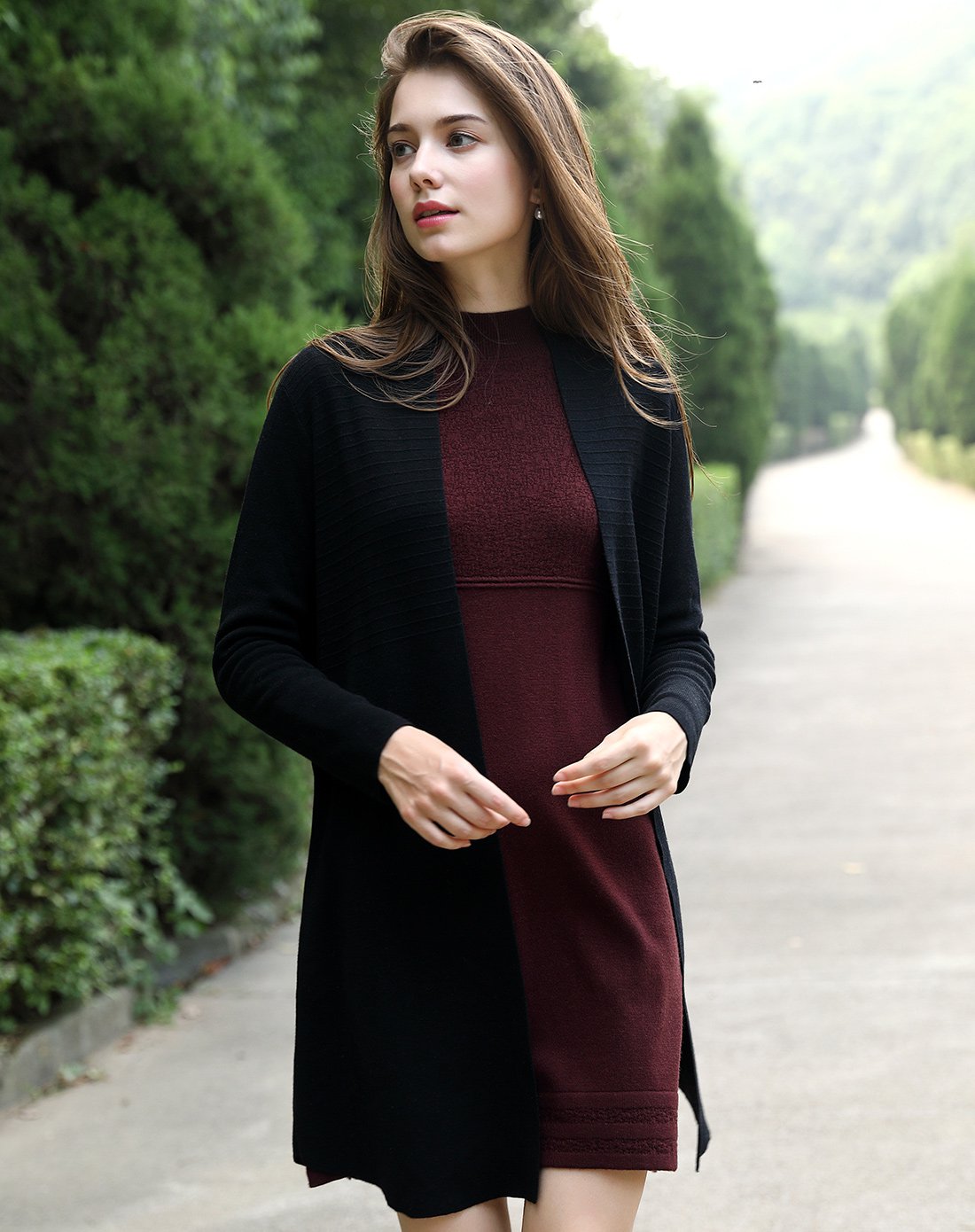 浅秋女装简约风长袖无领开襟针织开衫羊毛大衣女款外套