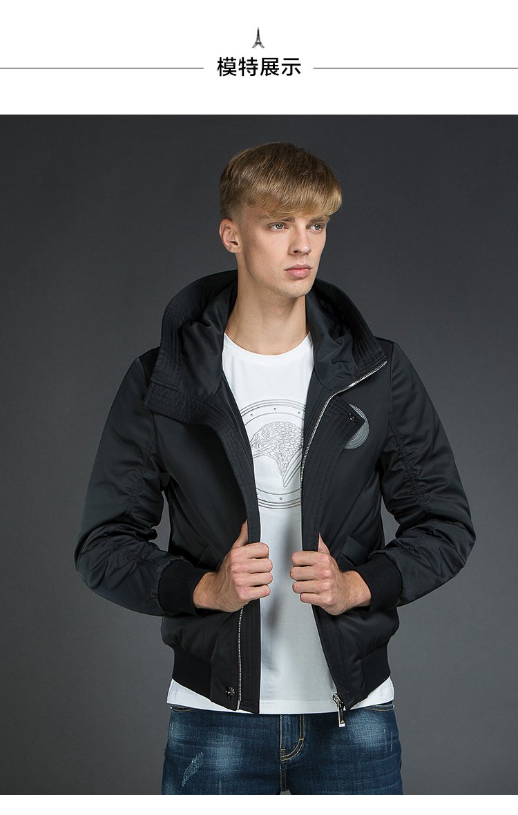 elle homme男装特卖旗舰店男士潮流个性贴标高领连帽短款羽绒服