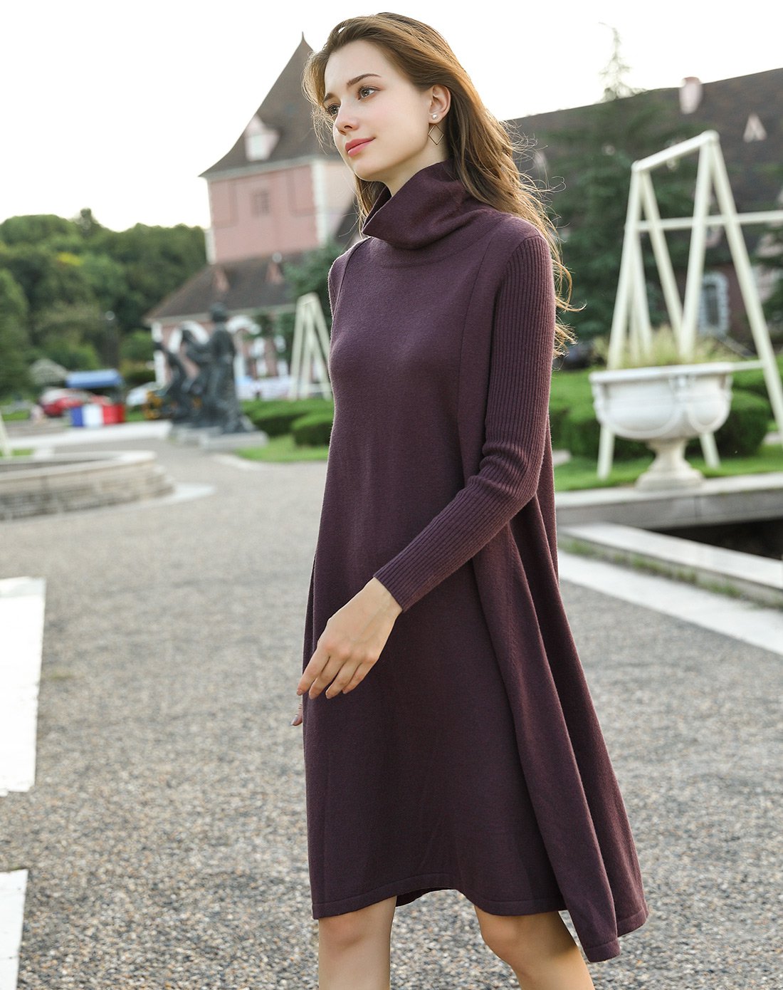 浅秋秋冬女款复古风翻领宽松针织长款羊毛长袖连衣裙