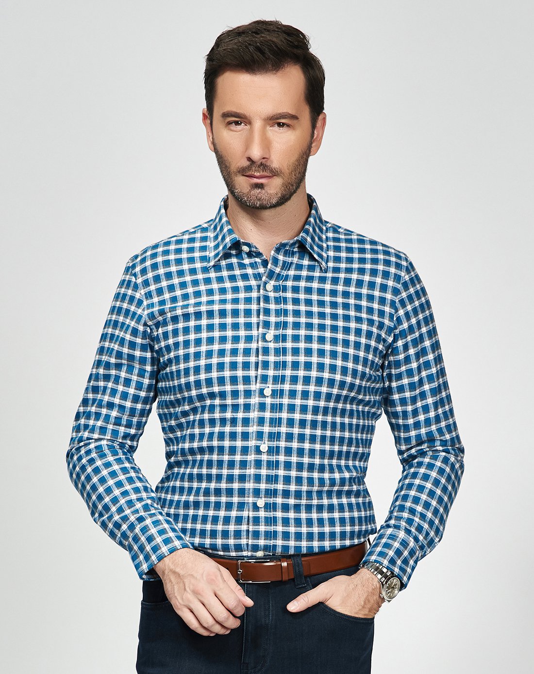 雅戈尔男士格子长袖衬衫男经典格子衬衫