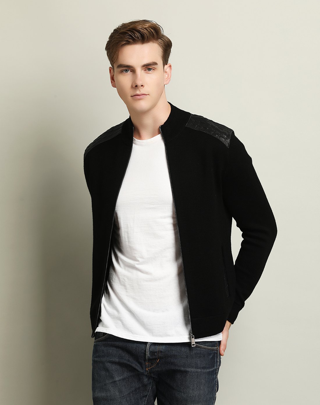 时尚纯色拉链开衫肩章短款百搭休闲绅士长袖针织衫毛衣男