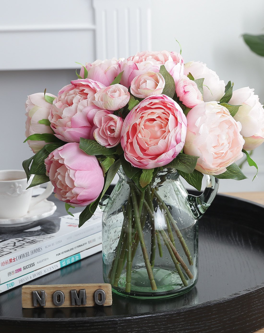 浮生若梦高端花艺组合套装 仿真牡丹假花插花玻璃花瓶家居装饰品摆件