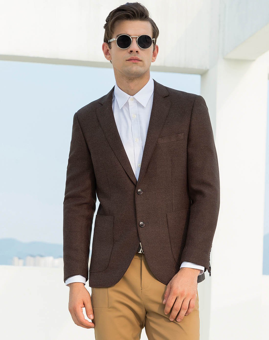 莫畏男装英伦咖啡色西装男士修身小西服外套