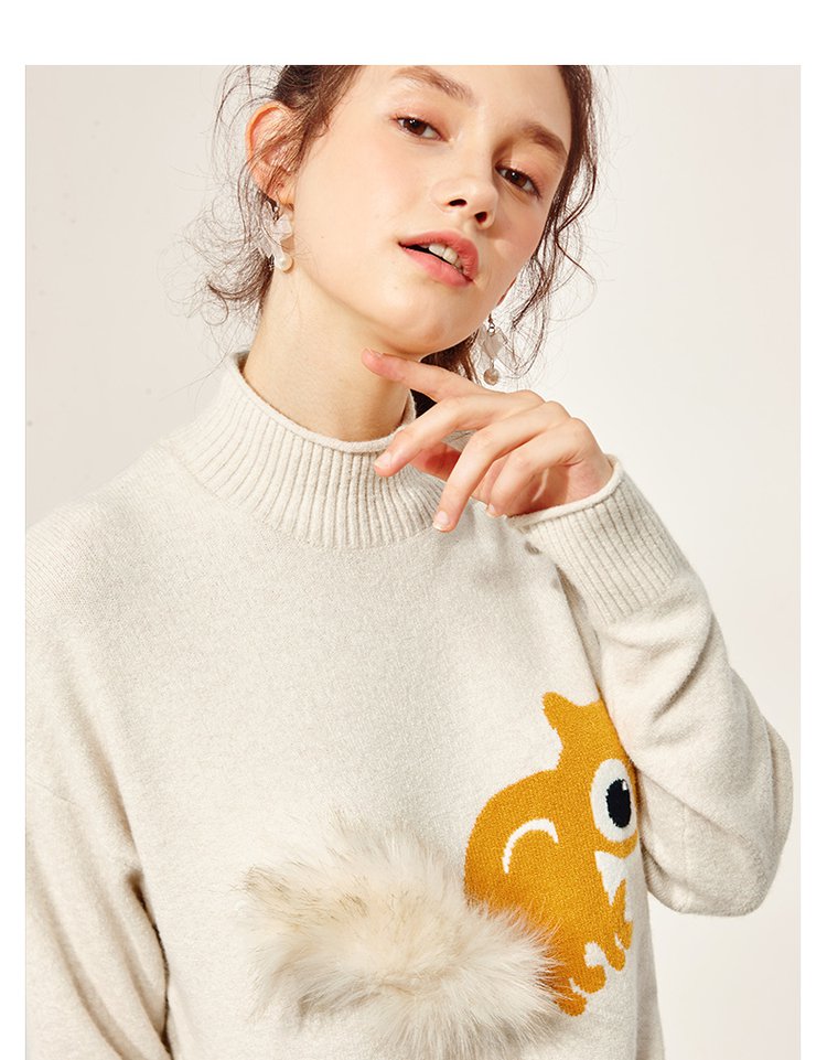 a21 女士半高领松鼠印花可爱绒毛毛衣
