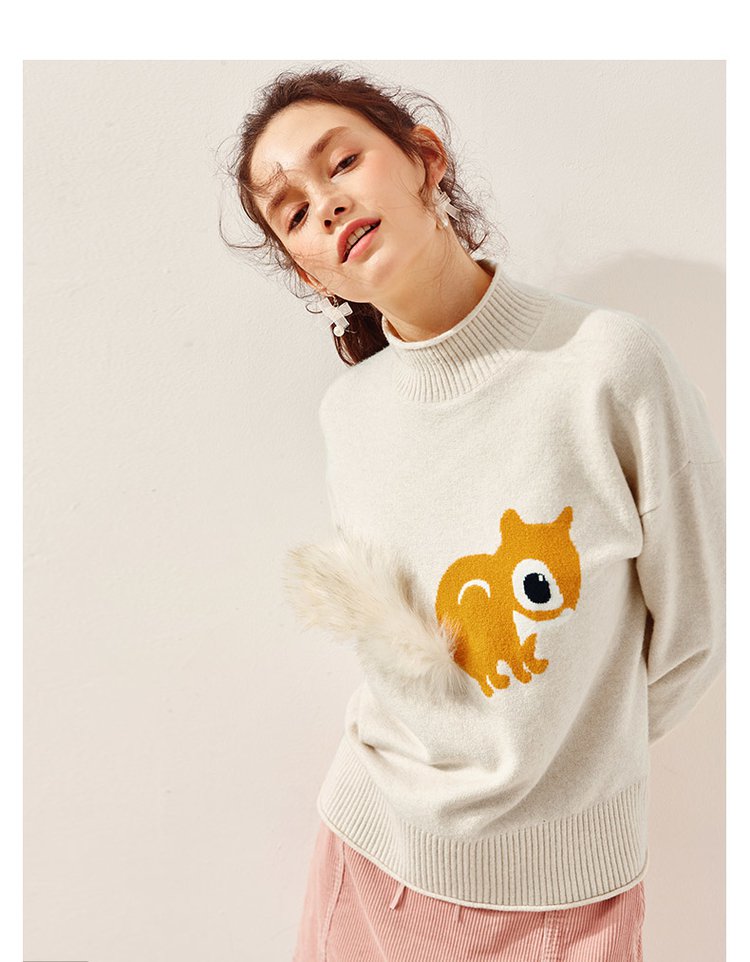 a21 女士半高领松鼠印花可爱绒毛毛衣