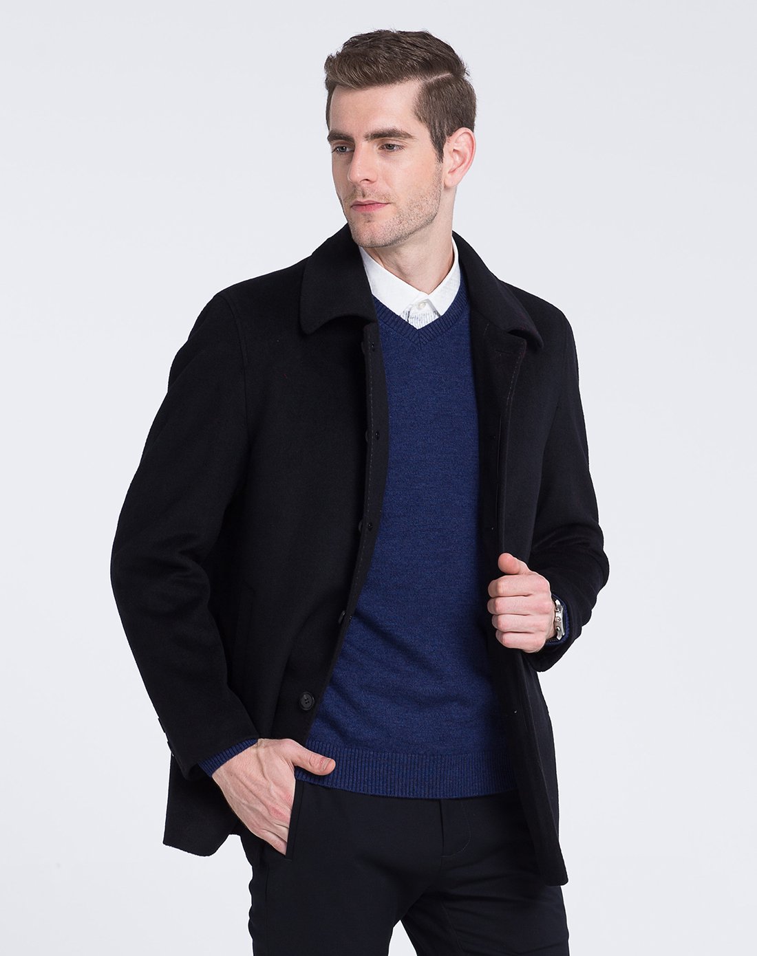 baniss邦纳斯男装特卖旗舰店经典简约翻领羊毛柔软短大衣17bag2120b