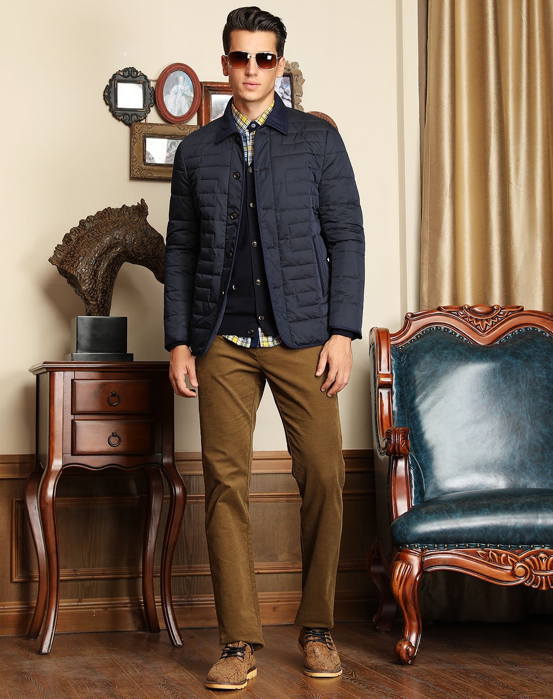 堡马posemer男装长期在线专场儒雅格子车线钮扣翻领男士羽绒服8747002