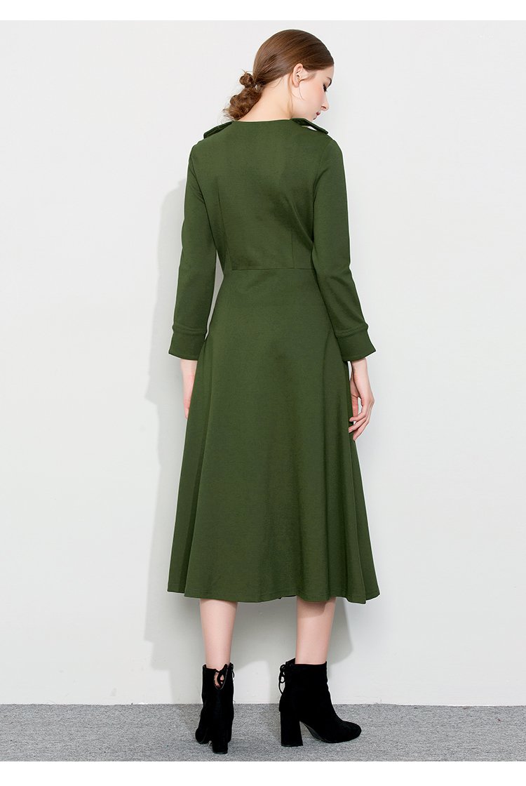 zimmur2017秋冬新品军绿色开叉长袖v领简章设计单排扣长款气质连衣裙