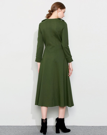 zimmur2017秋冬新品军绿色开叉长袖v领简章设计单排扣长款气质连衣裙