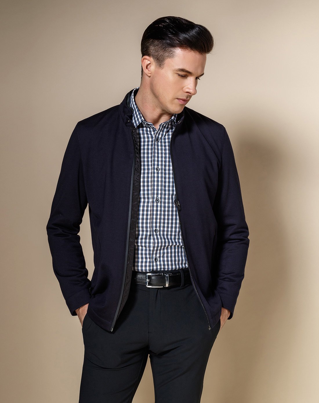 爵士丹尼男装专场 深蓝色修身耐磨易打理长袖茄克