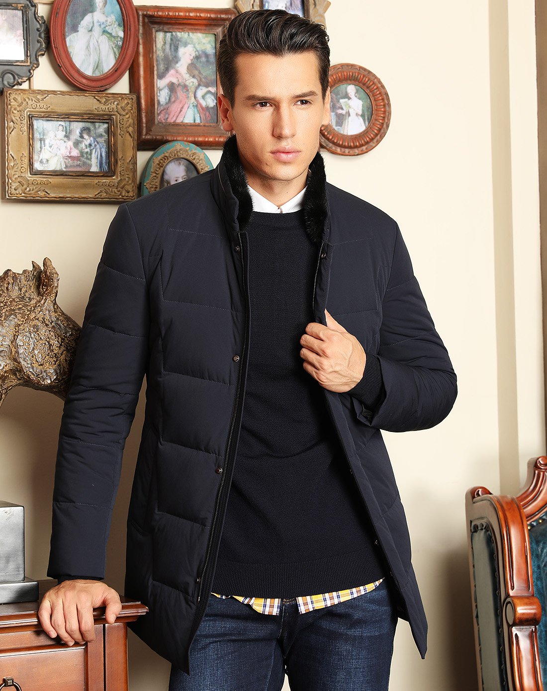 堡马posemer男装特卖旗舰店水貂毛领经典商务横纹百搭立领羽绒服