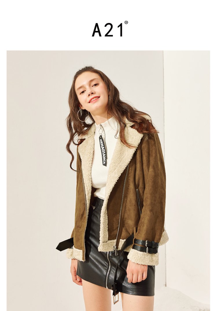 a21女装专场 以纯线上品牌2018秋冬新款羊羔领外套女 青春宽松偏厚