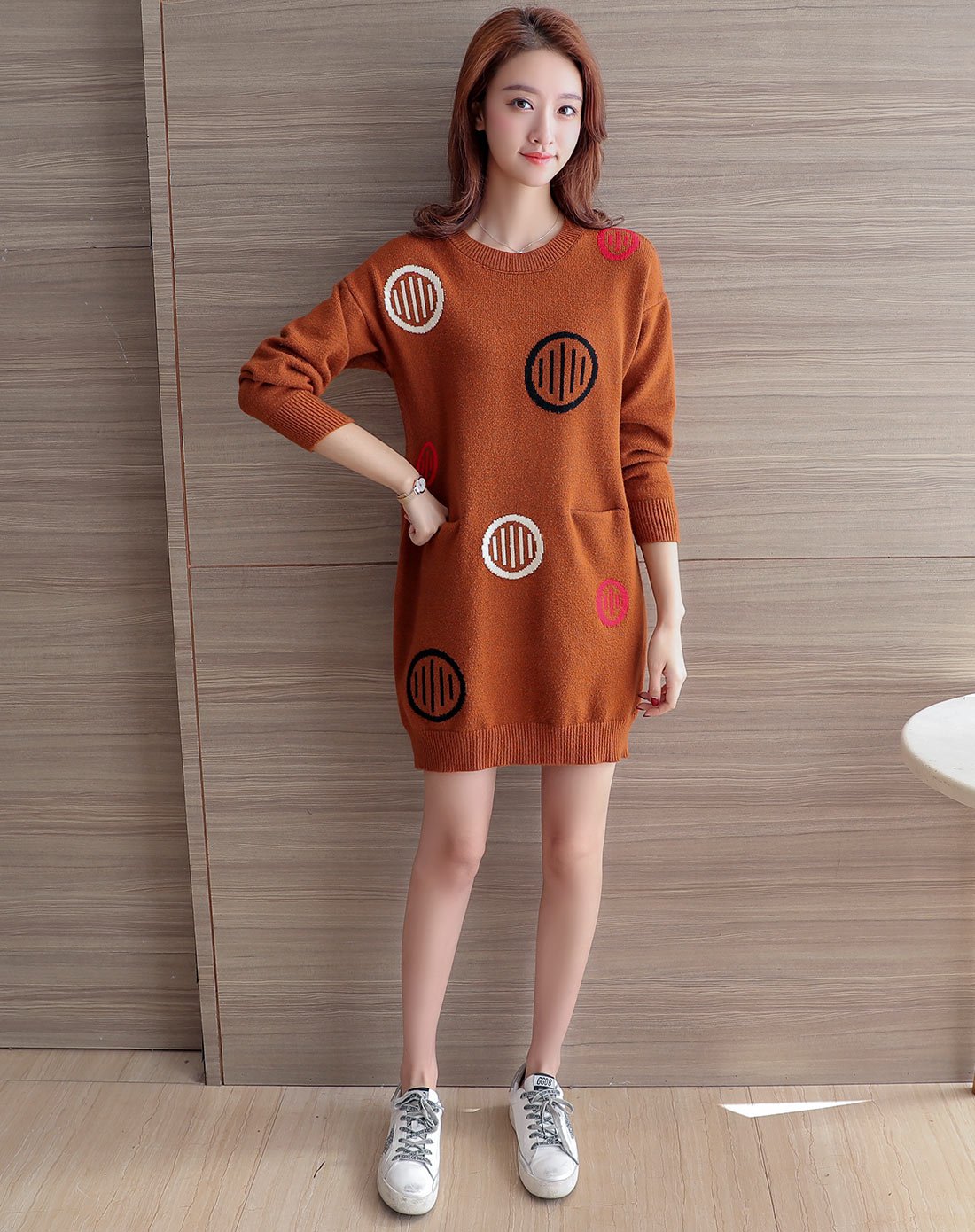 【17年新品】韩版秋季女装可爱时尚印花图案中长款纯色针织连衣裙