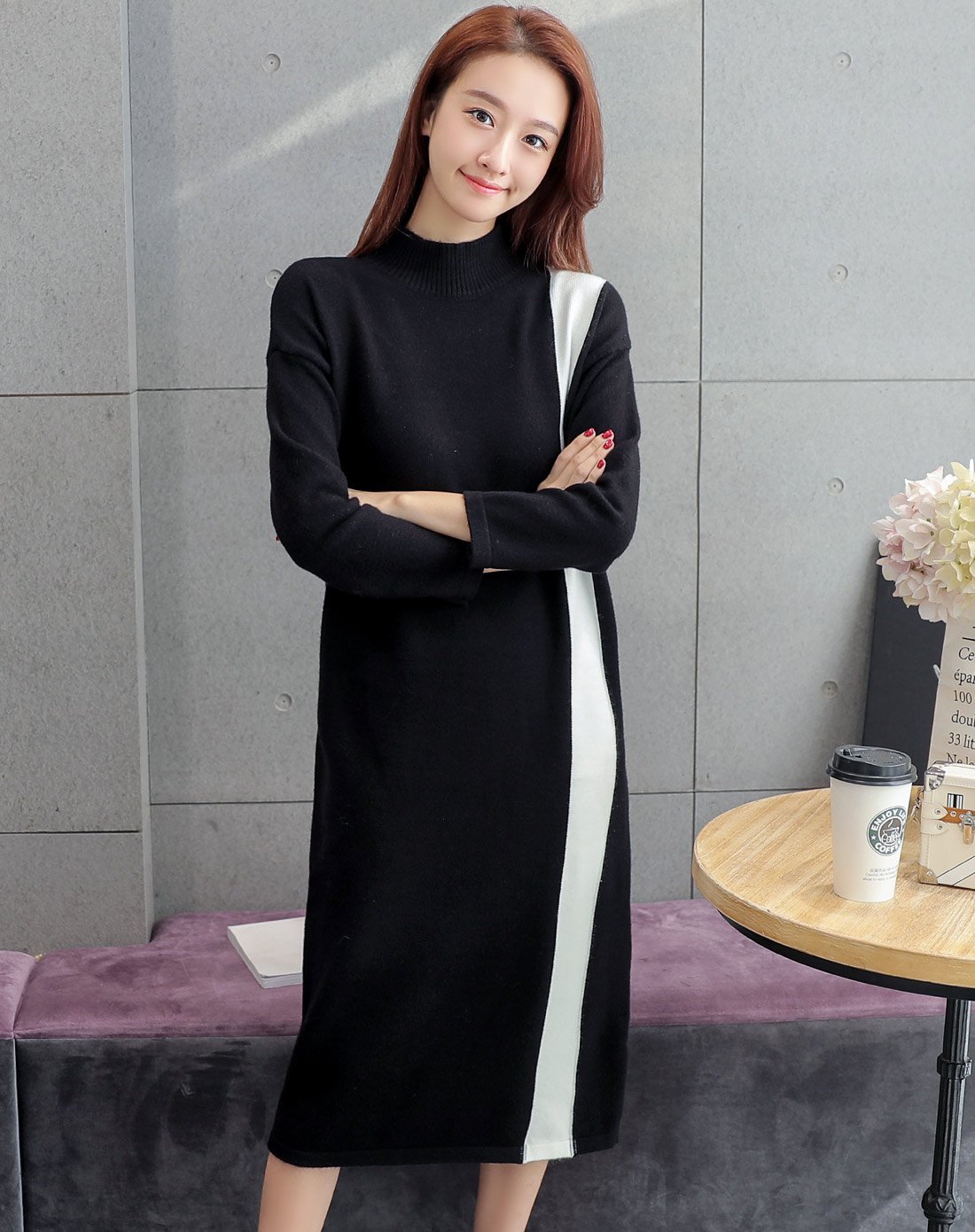 韩版中长款宽松显瘦版型秋季女装中高领撞色九分袖直筒连衣裙
