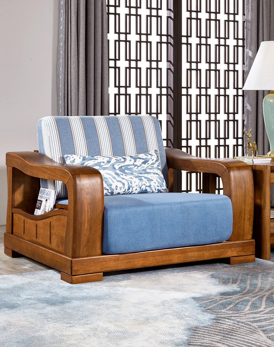 新中式实木沙发组合客厅家具胡桃木木质布艺贵妃转角沙发