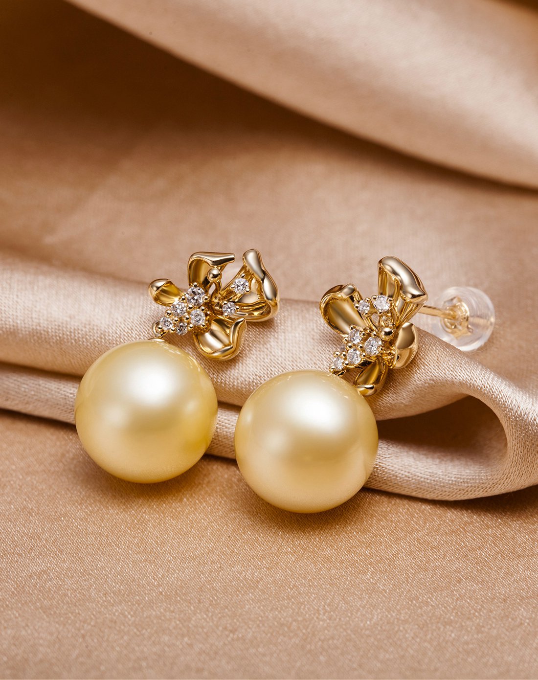 蓝色海洋 金色优雅 11-12mm 南洋金珍珠海水珍珠耳钉/耳环 18k金钻