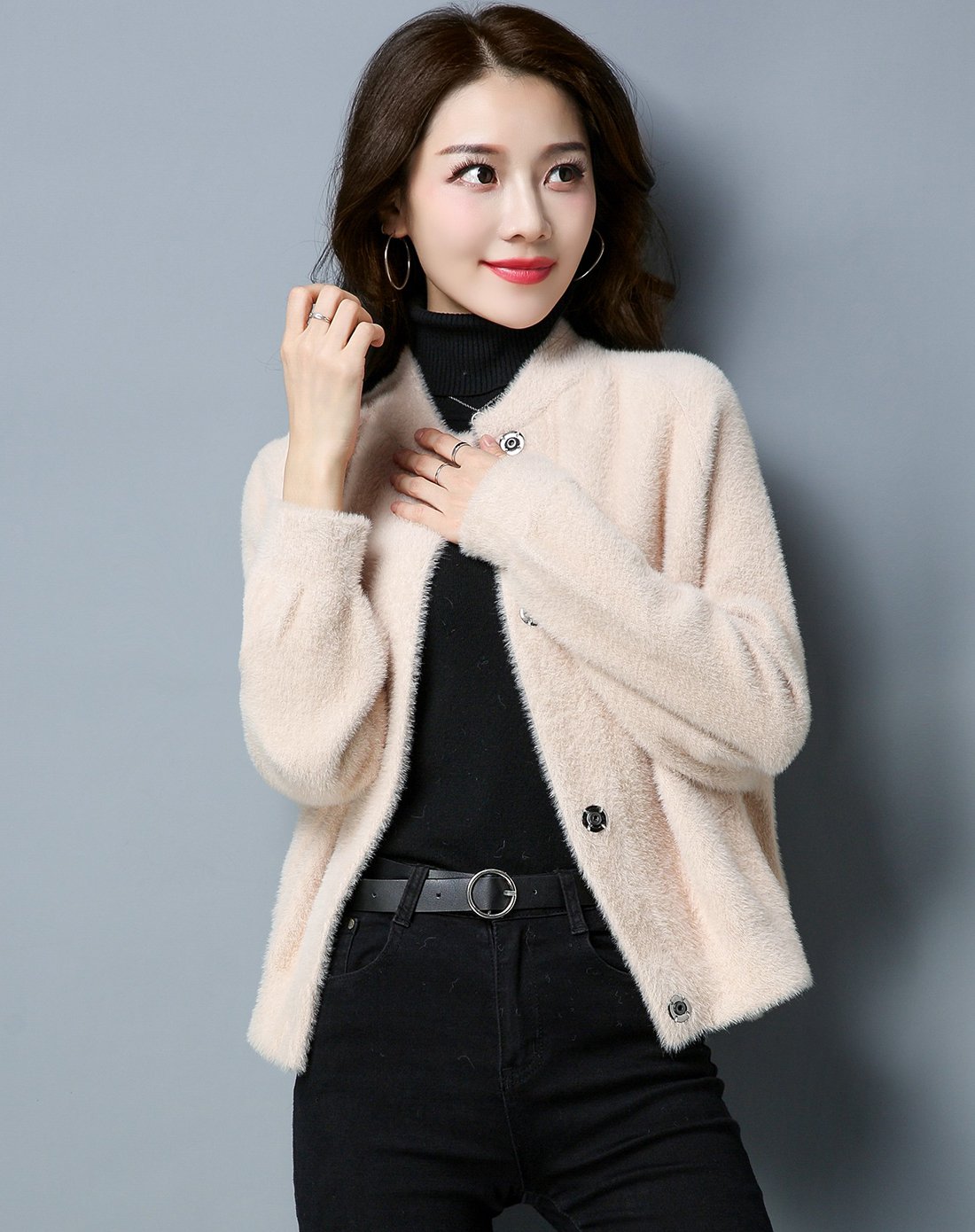 谷子corn女装专场 2017秋冬新款纯色休闲按扣外套女潮