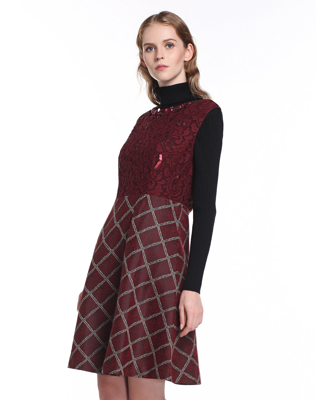 杰西jessie女装特卖旗舰店亮片蕾丝格纹拼接连衣裙jxffl114r2_唯品会