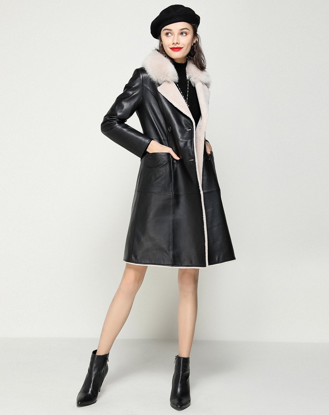 复合羊毛皮皮大衣优雅名媛风狐狸毛领中长款女士皮大衣