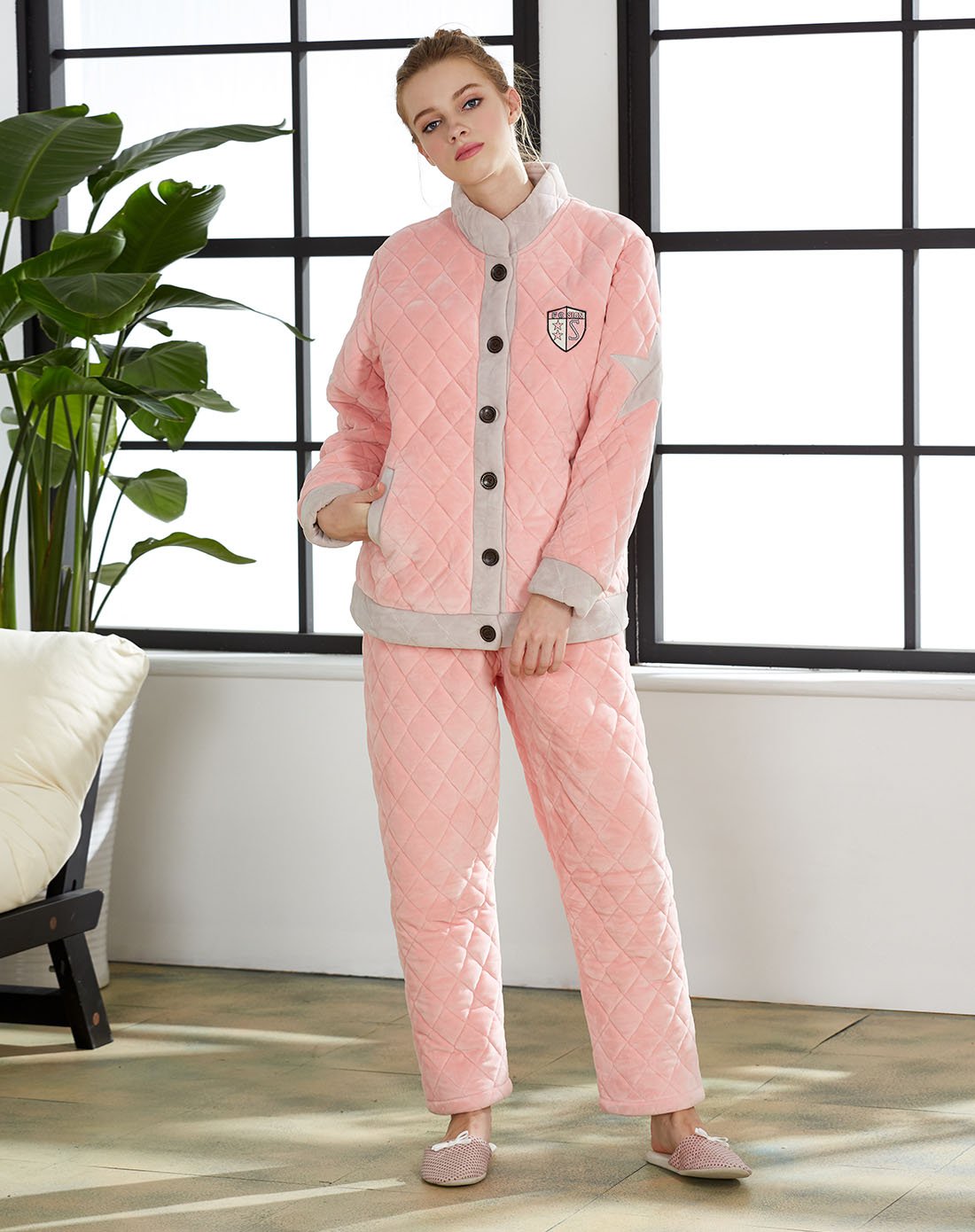 芬腾 女款撞色甜美韩版夹棉家居服睡衣套装