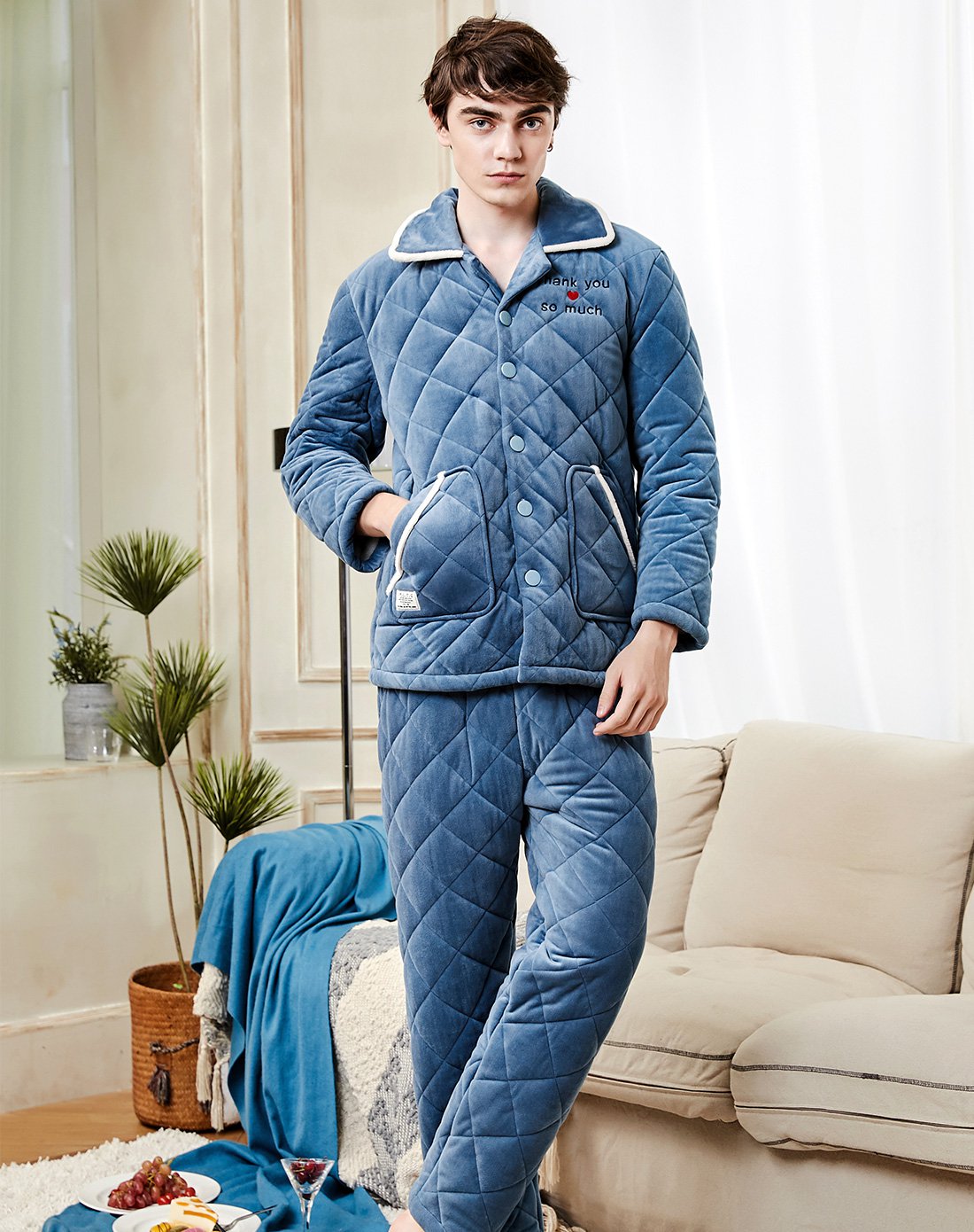 芬腾男款翻领温馨英文简约加绒长袖家居服夹棉睡衣套装