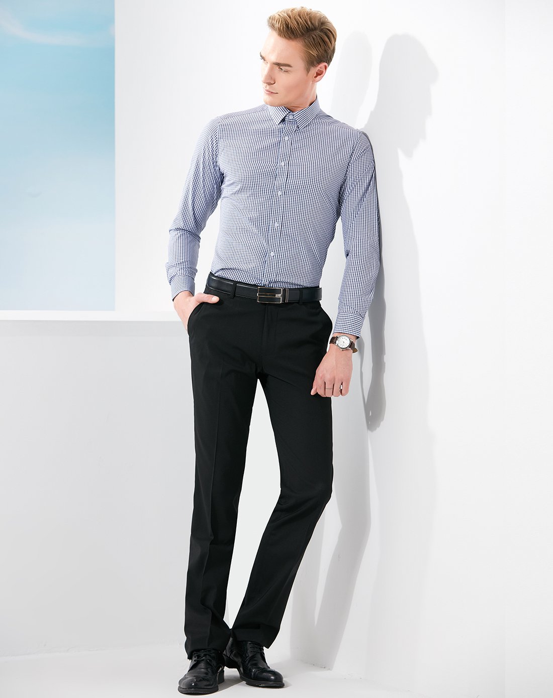 细格男士商务时尚休闲长袖衬衫