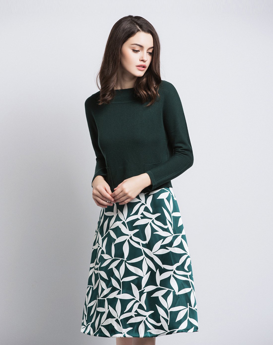 naersi/娜尔思秋冬季新款女装 两件套圆领撞色印花修身显瘦连衣裙