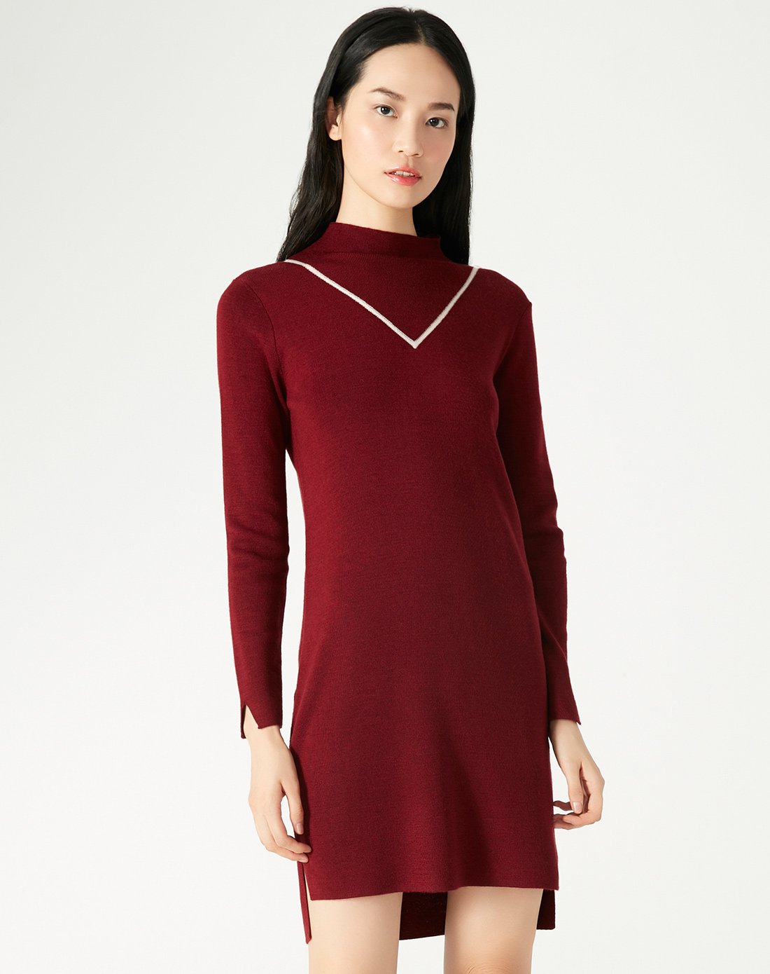 酒红色 撞色v领简洁修身长款毛衫连衣裙