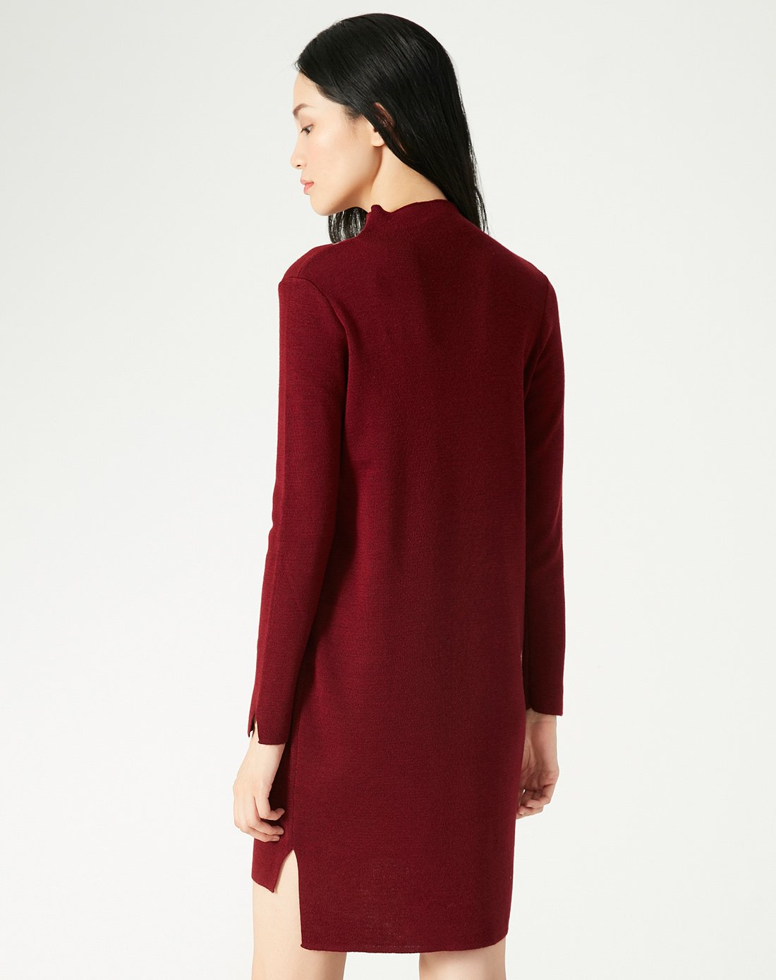 酒红色 撞色v领简洁修身长款毛衫连衣裙