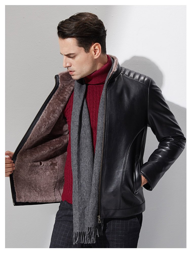 立领羊毛内胆商务休闲男士保暖真皮皮衣