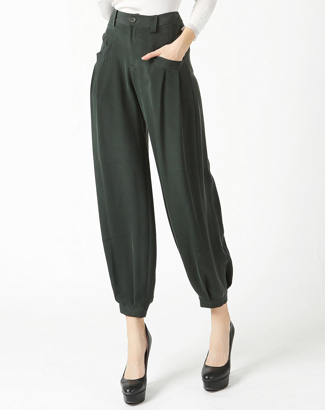 墨绿中腰育克褶插袋y型重磅真丝菱形九分裤 收褶脚口马裤