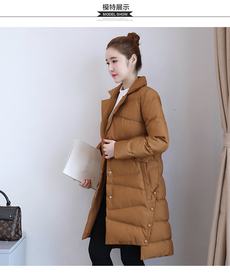 【2017冬新品】女款翻领单排扣创意下摆中长款棉衣外套
