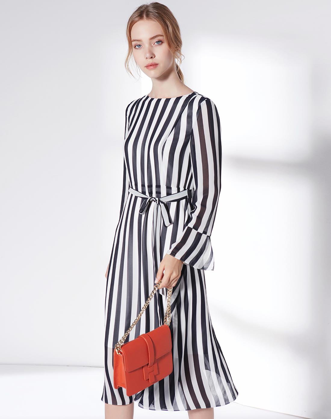 卡迪黛尔cadidl女装特卖旗舰店卡迪黛尔cadidl条纹雪纺印花气质收腰中