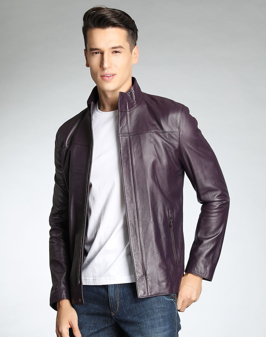 斯卡图羊皮革时间简洁魅力立领男士皮衣83730512600_唯品会