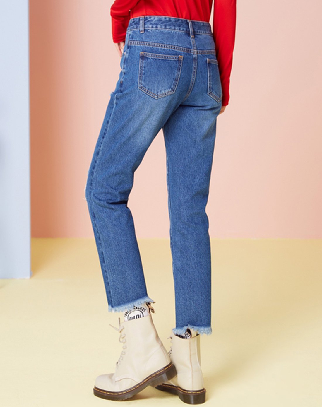 美特斯邦威2018春新款潮流破洞百搭显瘦毛边宽松休闲女士牛仔长裤