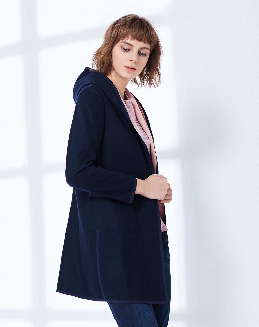 naersi/娜尔思2017秋冬季新款 连帽长袖中长款呢子外套羊毛大衣女