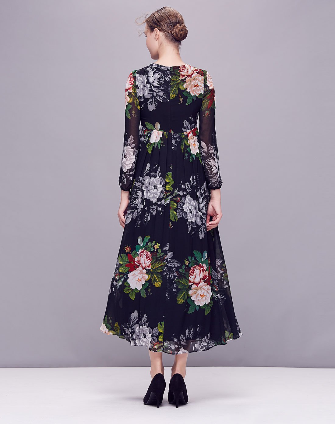 古色/sussi冬季新品数码格玫瑰花圆领长中国风优雅气质女装连衣裙