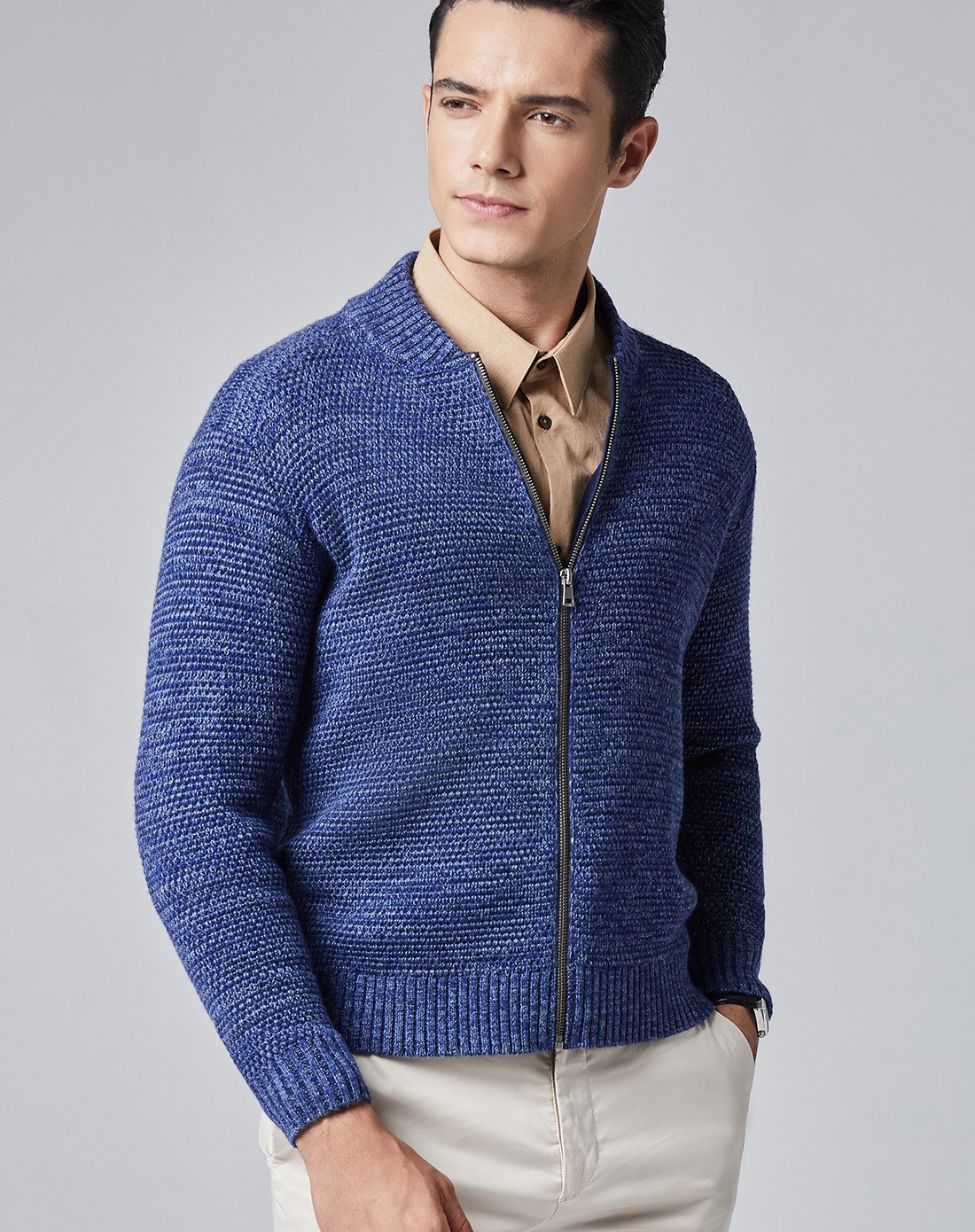 新品 厚实保暖棒球领花纱棒针开衫男士毛衣外套