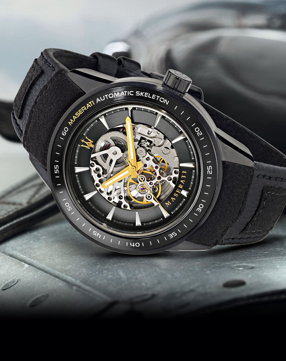 maserati腕表传承意式经典设计玛莎拉蒂酷黑镂空男士机械表rj