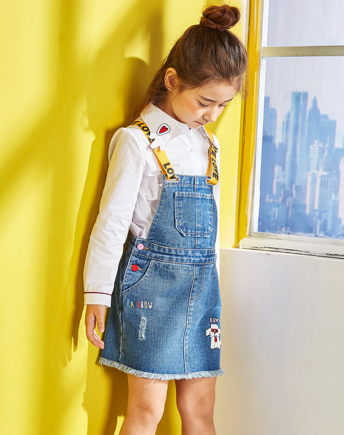 lavi女童童装牛仔连衣裙春季新款裙子小中大儿童韩版印花a型背带裙