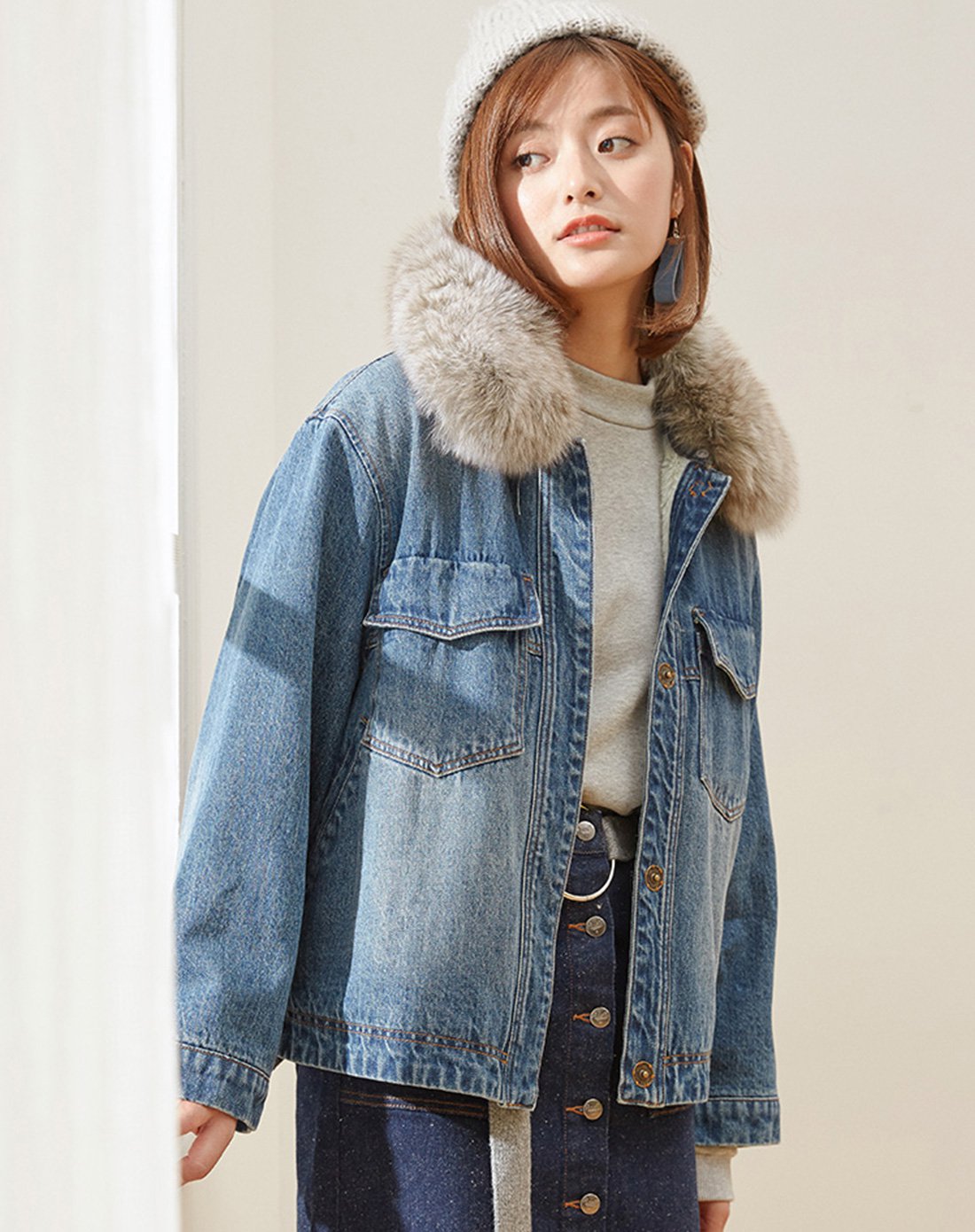 美特斯邦威女毛领短款牛仔棉服