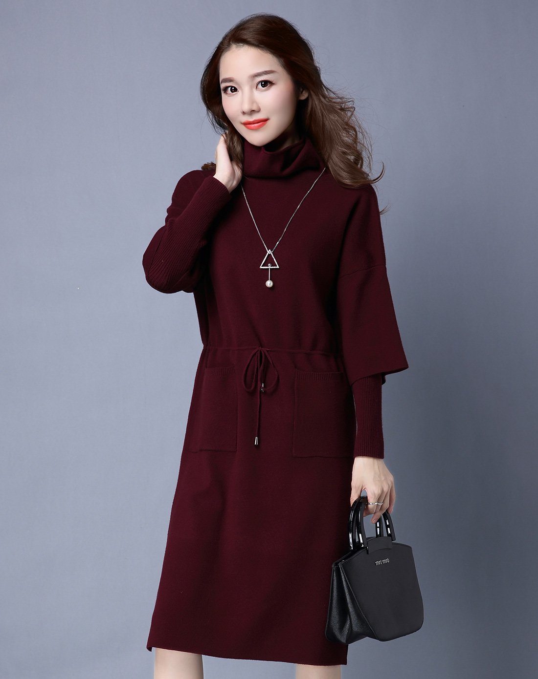 元旦狂欢-村上春(199-100)女士连衣裙 17新品韩版秋冬高领收腰假两件